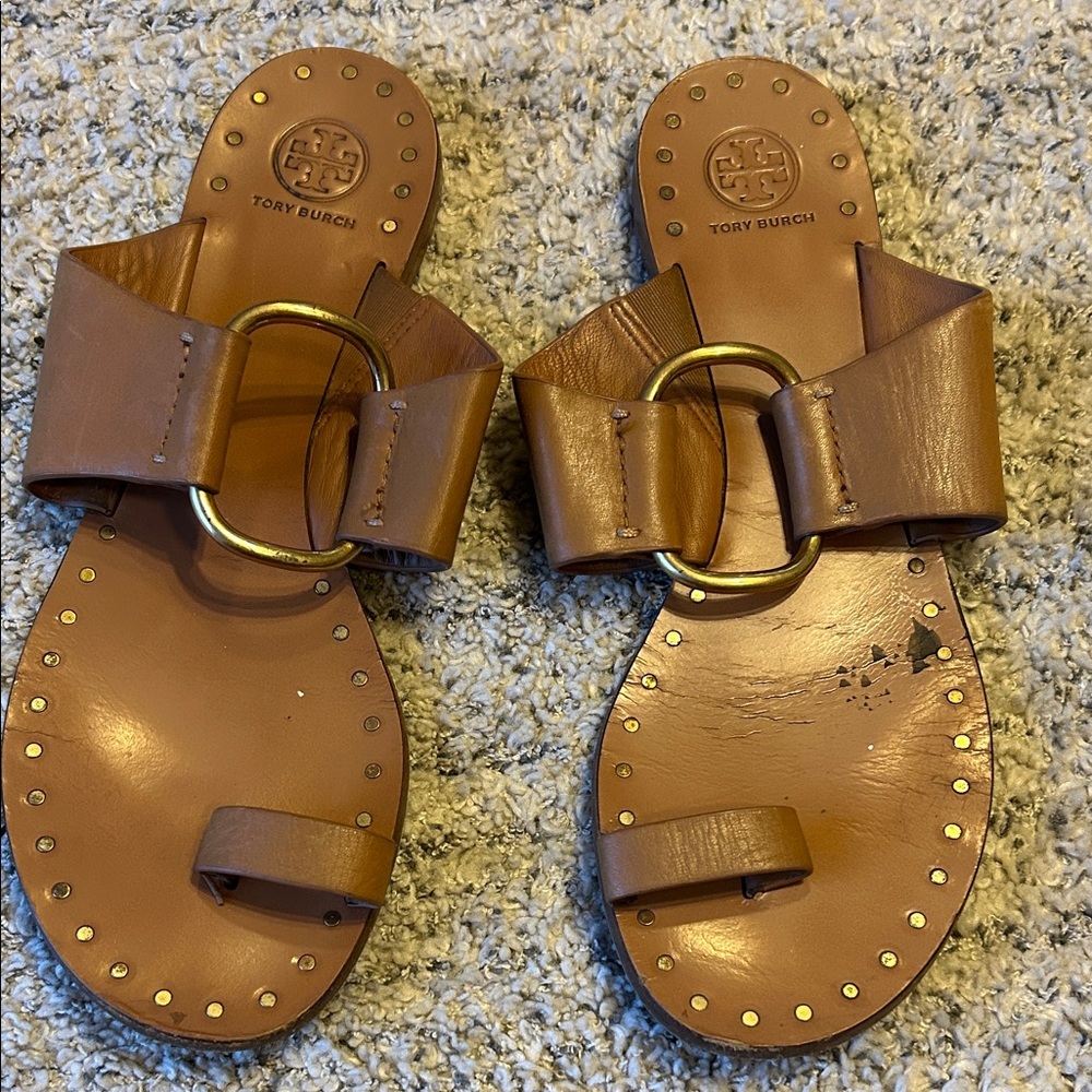 Tory Burch Ravello studded leather slides brown camel color size 10